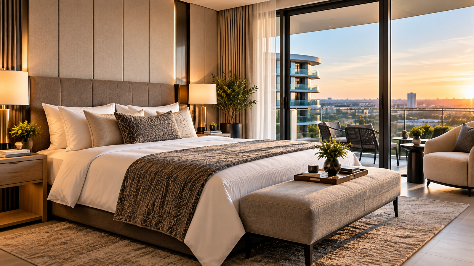 Luxurious-Bedroom-Overlooking-Sunset-Cityscape